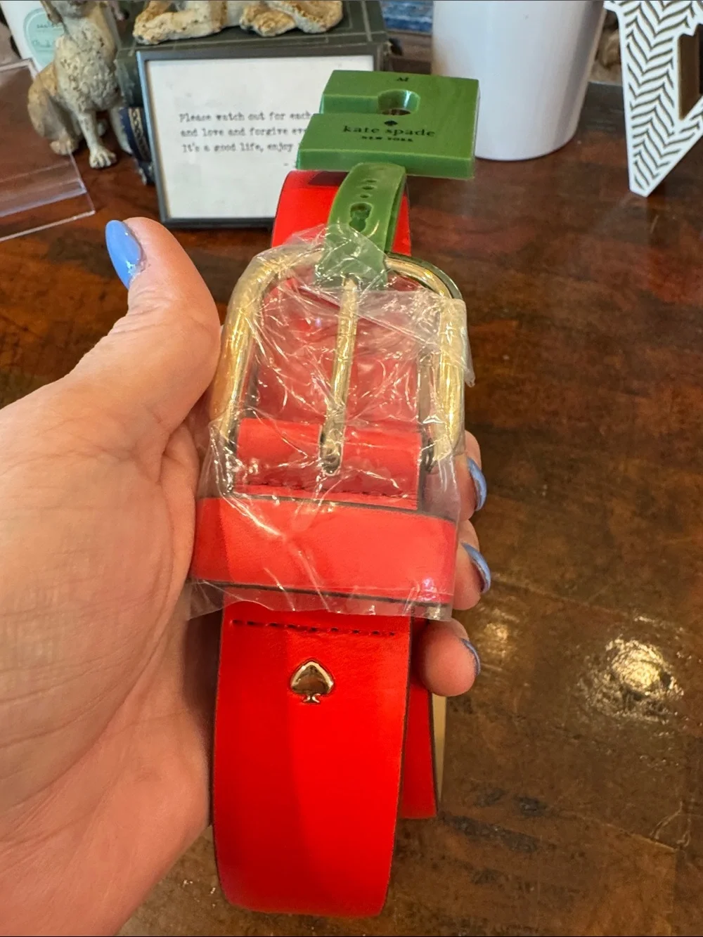 kate spade Red Leather Belt with Gold Buckle and Green Tag